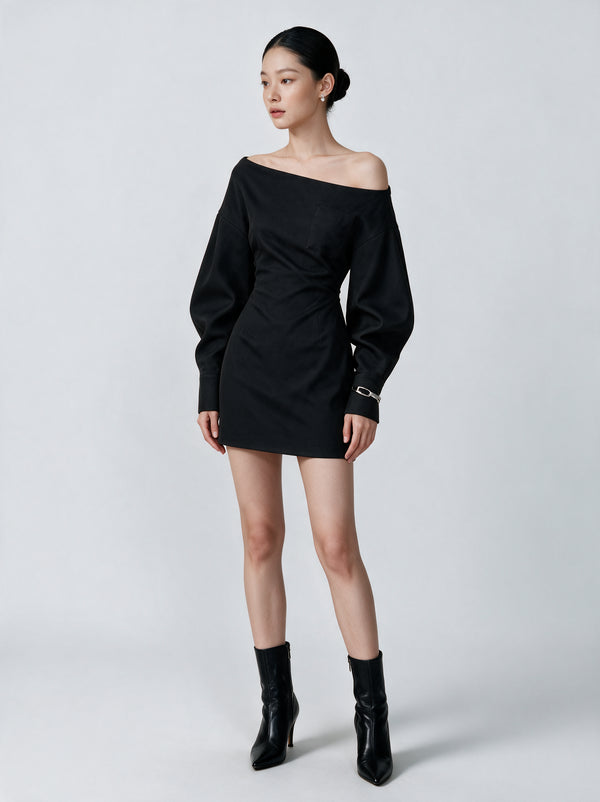 Valeria Off-Shoulder Tailored Mini Dress - Black — model full body