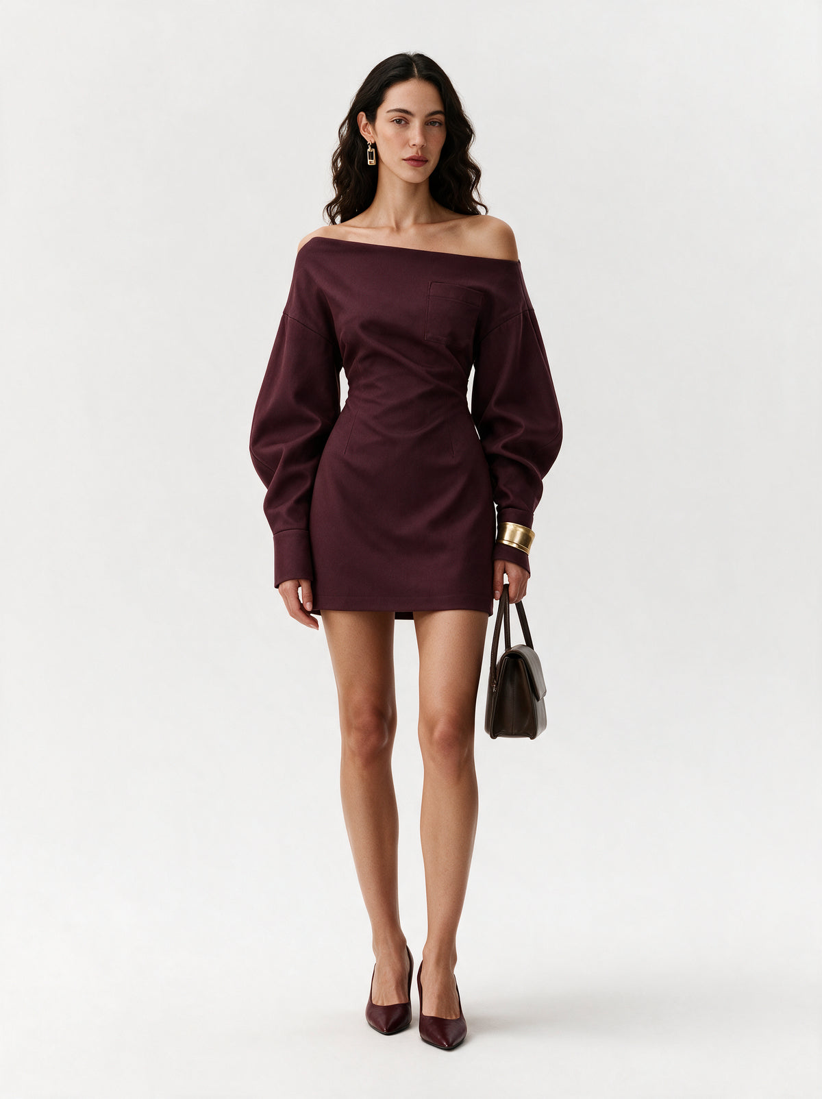 Valeria Off-Shoulder Tailored Mini Dress - Deep Wine — model full body