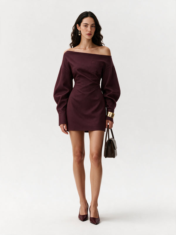 Valeria Off-Shoulder Tailored Mini Dress - Deep Wine — model full body
