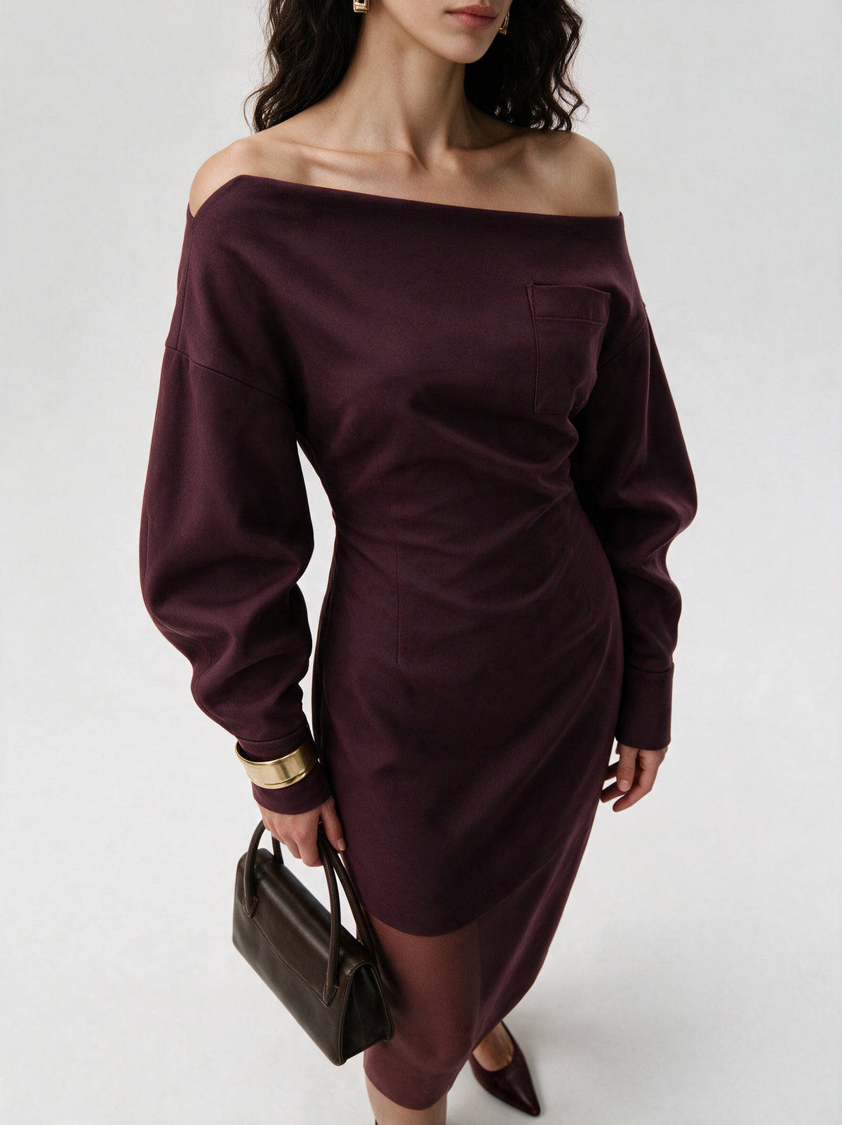 Valeria Off-Shoulder Tailored Mini Dress - Deep Wine — model side detail