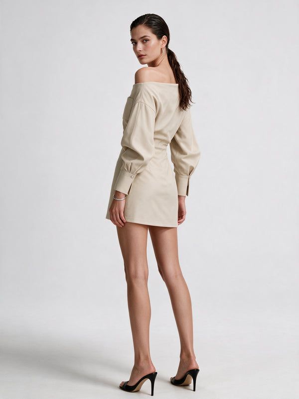 Valeria Off-Shoulder Tailored Mini Dress - Warm Oat — model full body