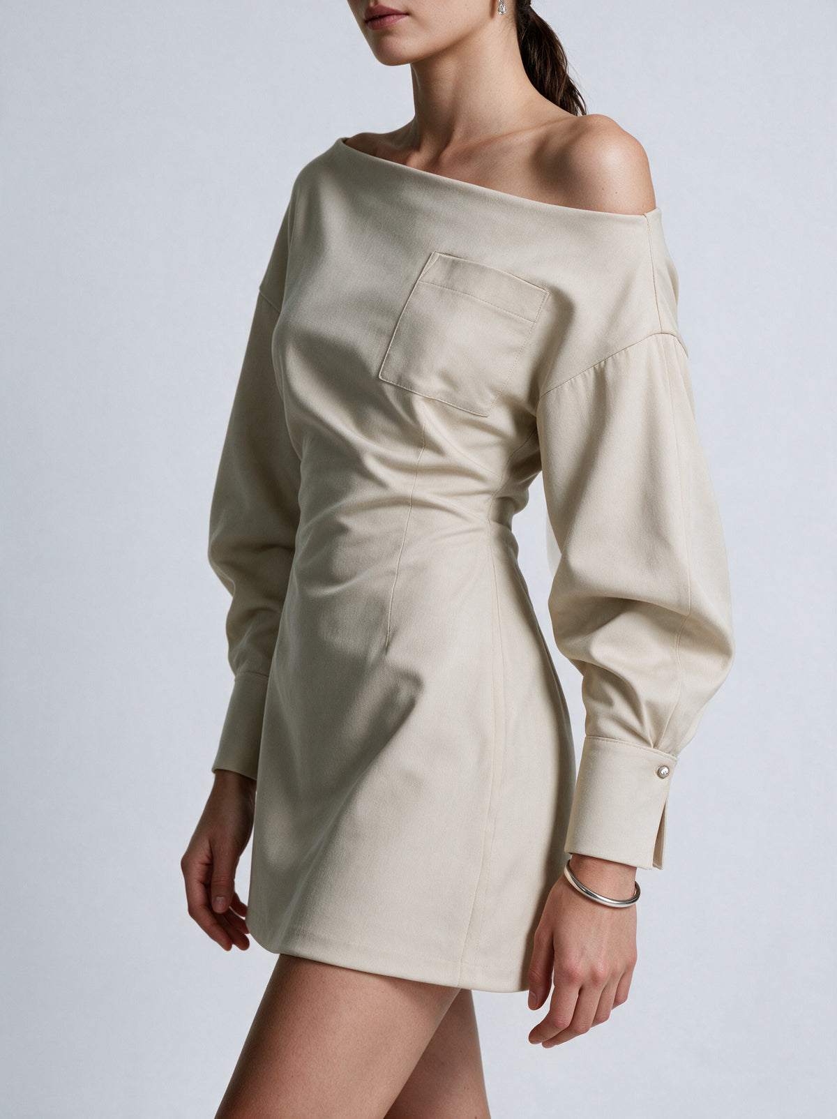 Valeria Off-Shoulder Tailored Mini Dress - Warm Oat — model side detail