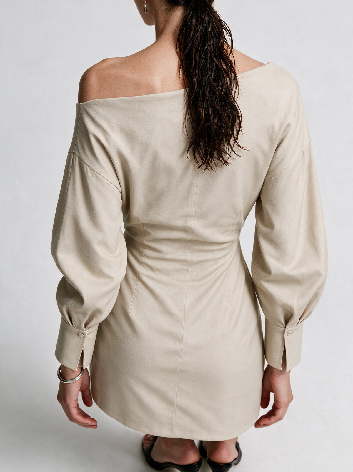 Valeria Off-Shoulder Tailored Mini Dress - Warm Oat — model back view