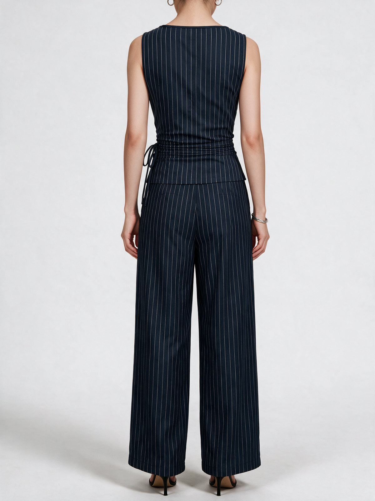 Valeria Pinstripe Asymmetric Wrap Top - Navy Pinstripe — model back view