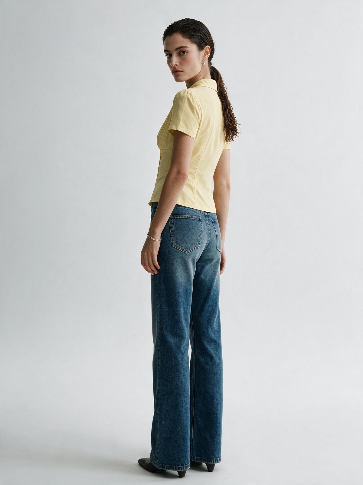 Valeria Pleated Plunge Shirt - Butter Yellow — model full body