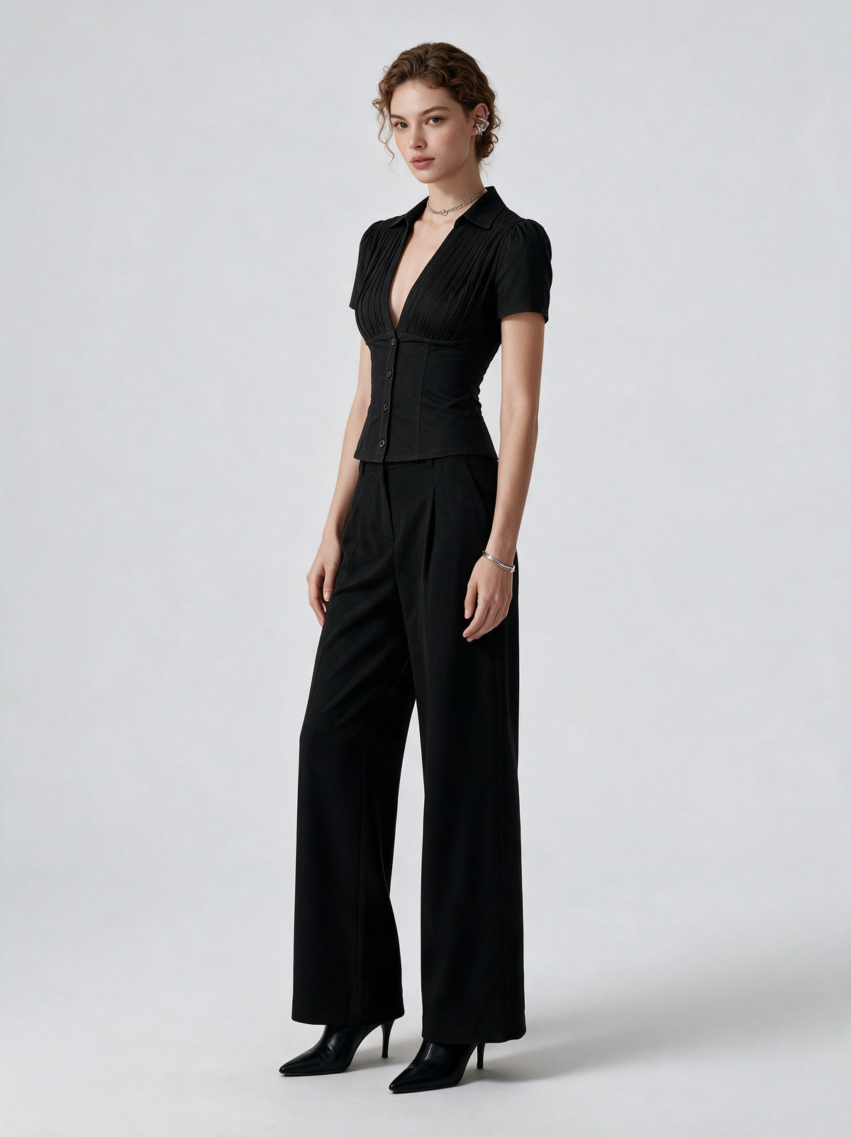 Valeria Pleated Plunge Shirt - Midnight Black — model full body