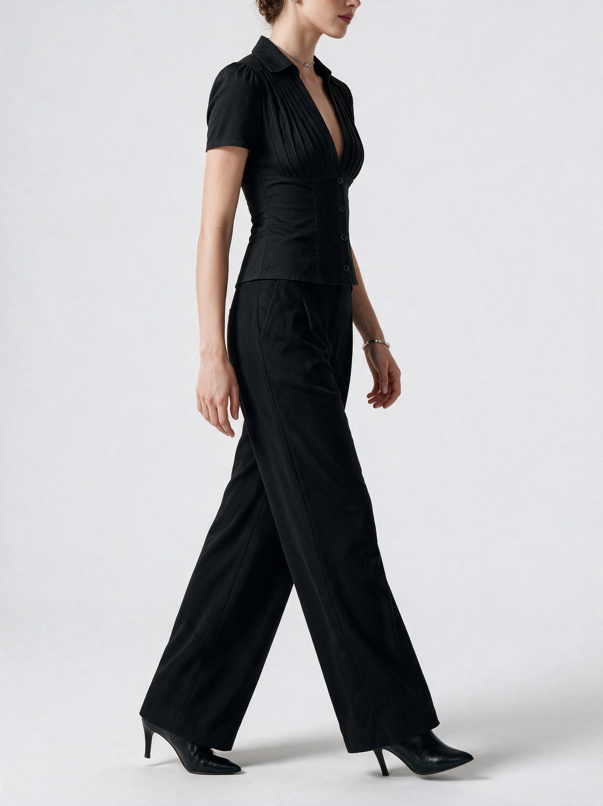 Valeria Pleated Plunge Shirt - Midnight Black — model side detail