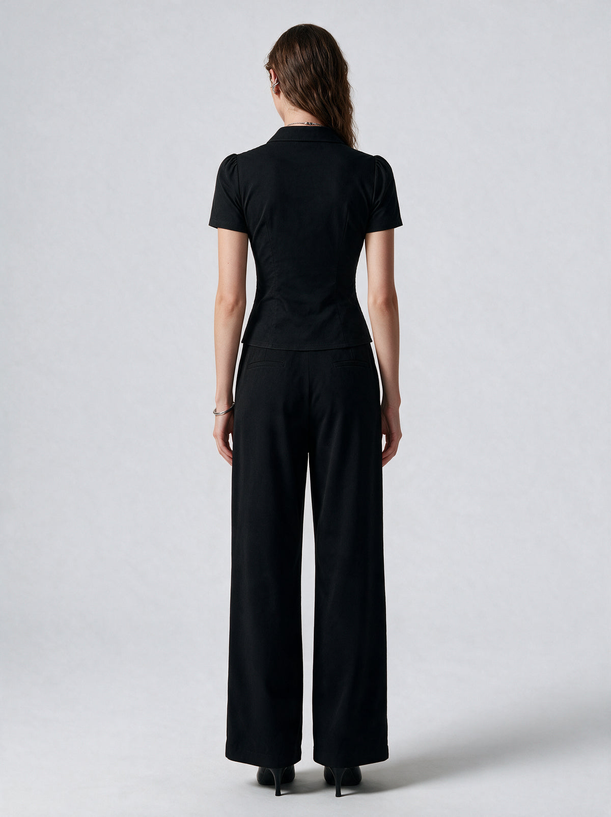 Valeria Pleated Plunge Shirt - Midnight Black — model back view