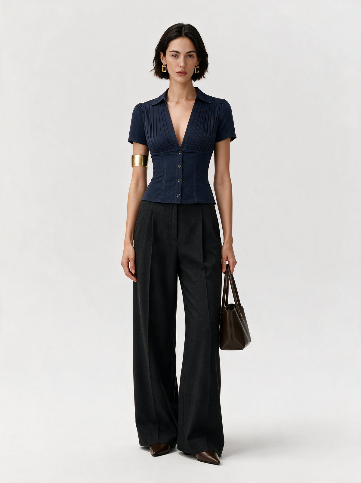 Valeria Pleated Plunge Shirt - Navy — model full body
