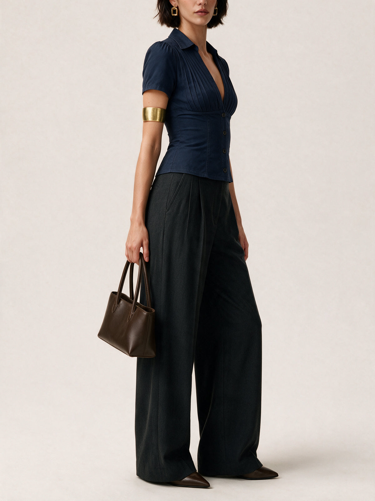Valeria Pleated Plunge Shirt - Navy — model side detail