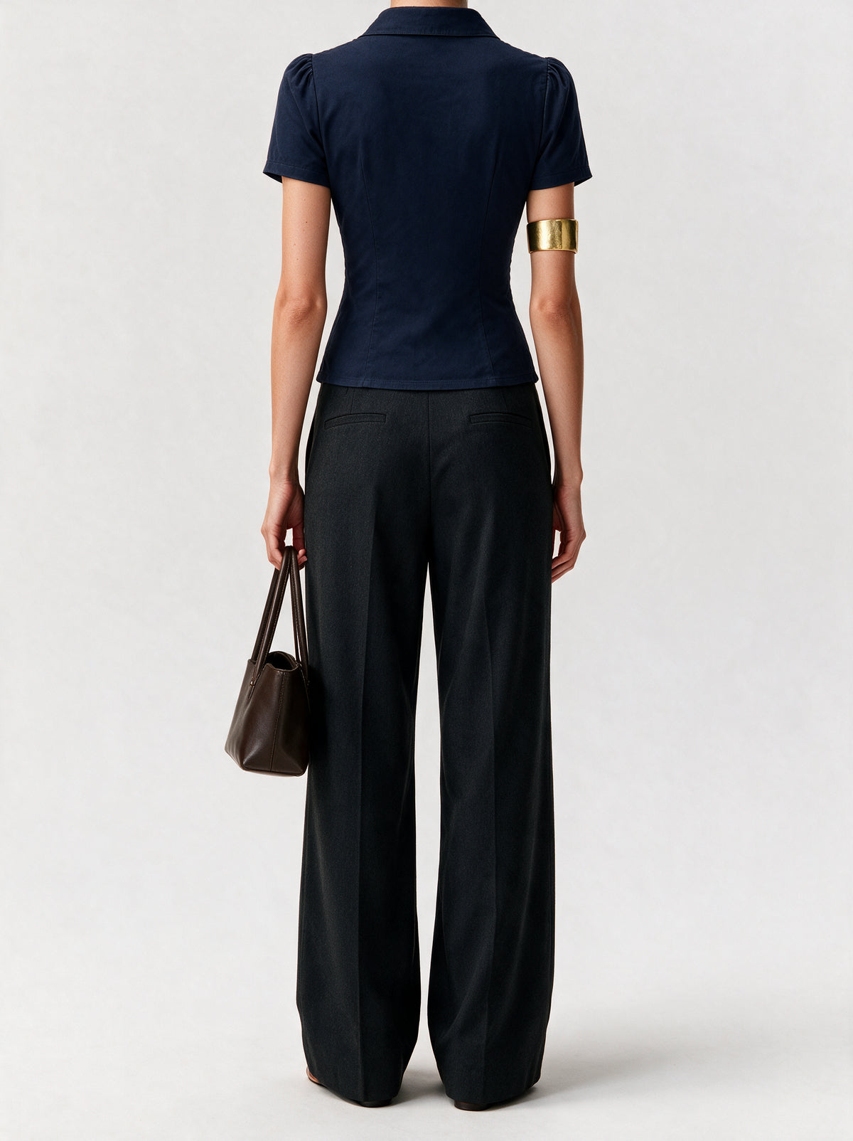 Valeria Pleated Plunge Shirt - Navy — model back view