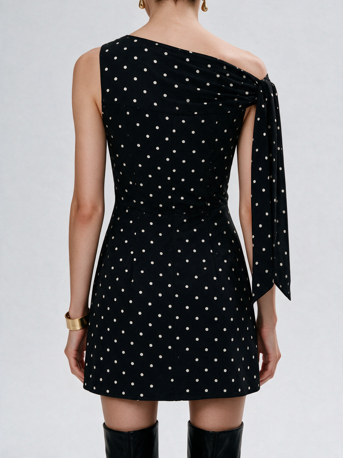 Valeria Polka Dot Mini Dress - Black — model back view