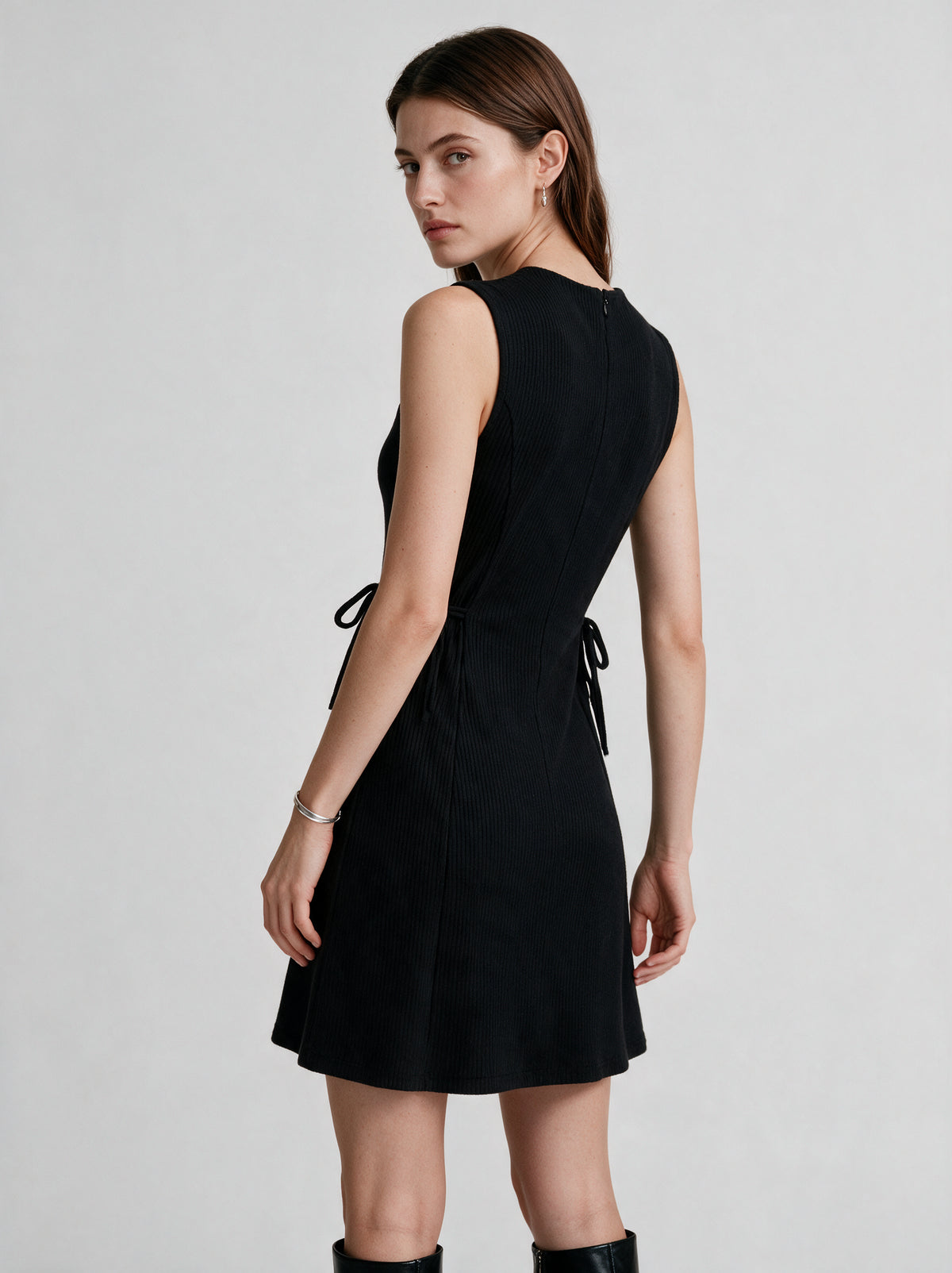 Valeria Ribbed Side Tie Mini Dress - Black — model full body