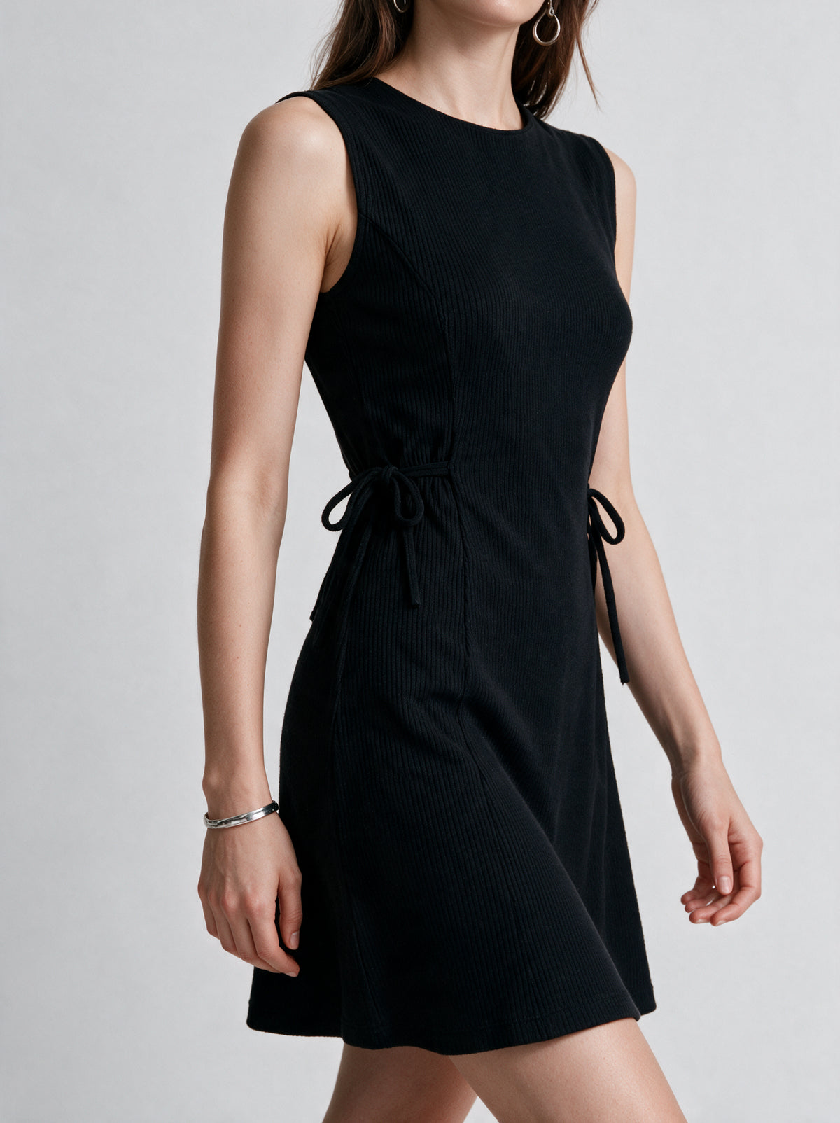 Valeria Ribbed Side Tie Mini Dress - Black — model side detail