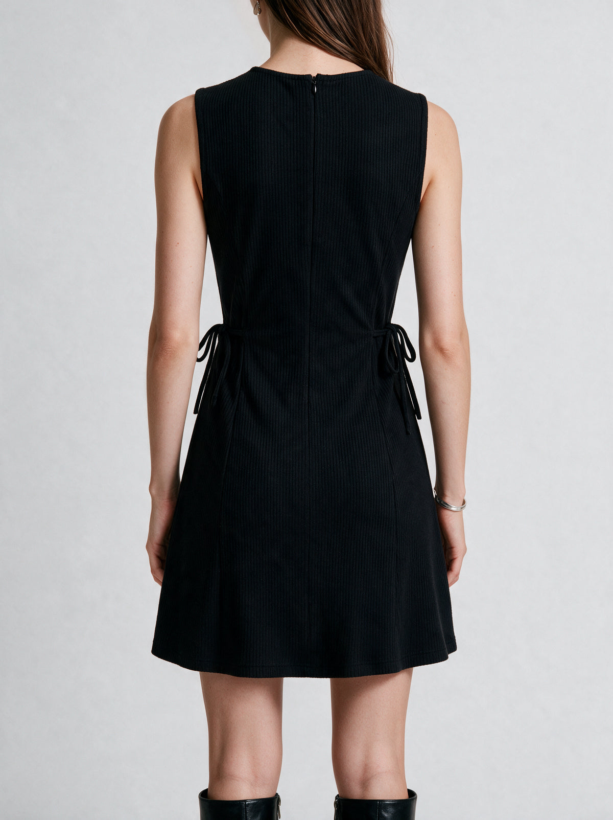 Valeria Ribbed Side Tie Mini Dress - Black — model back view