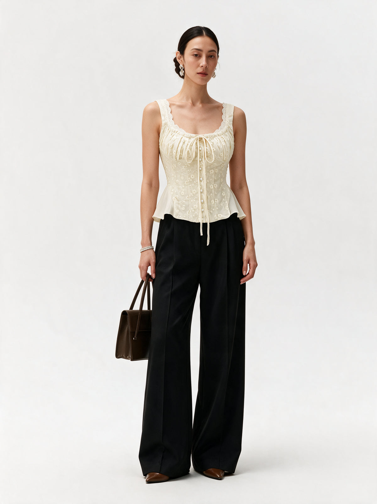 Valeria Ribbon Lace-Up Top - Butter — model full body