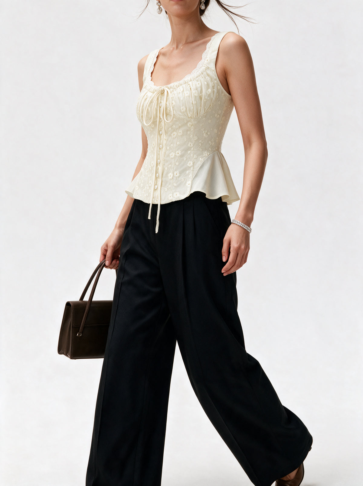Valeria Ribbon Lace-Up Top - Butter — model side detail