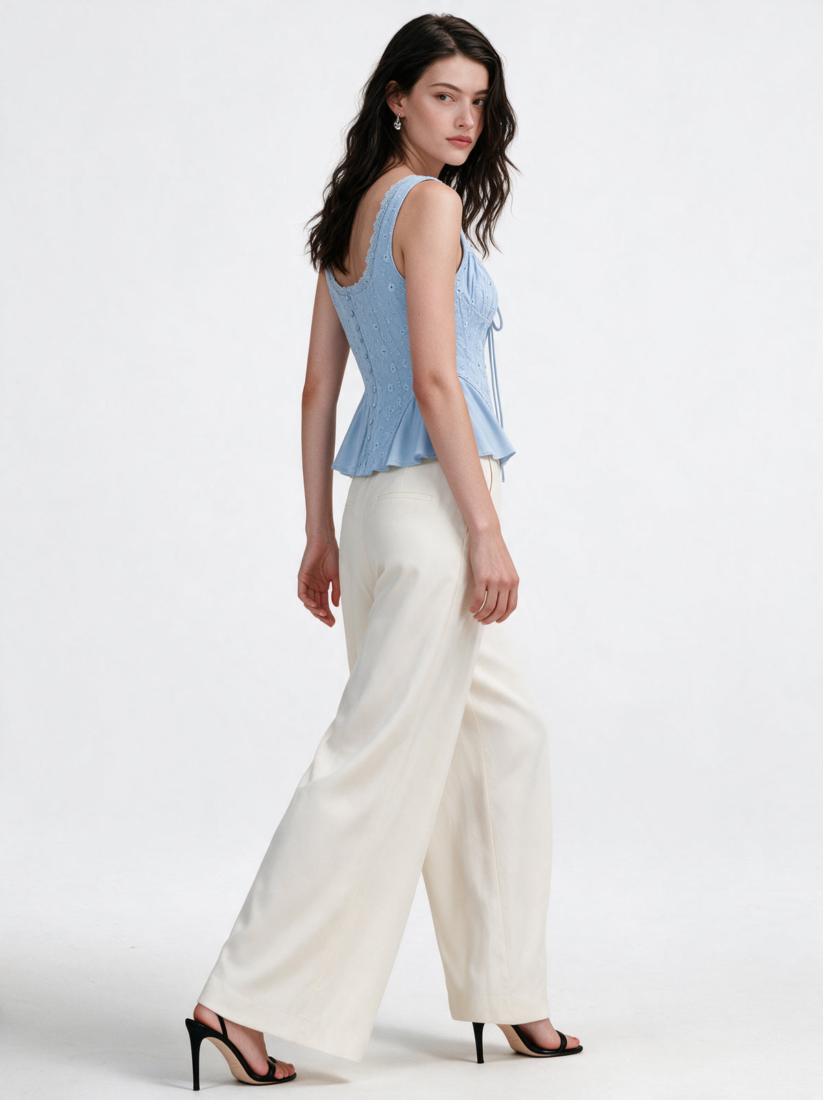 Valeria Ribbon Lace-Up Top - Powder Blue — model full body