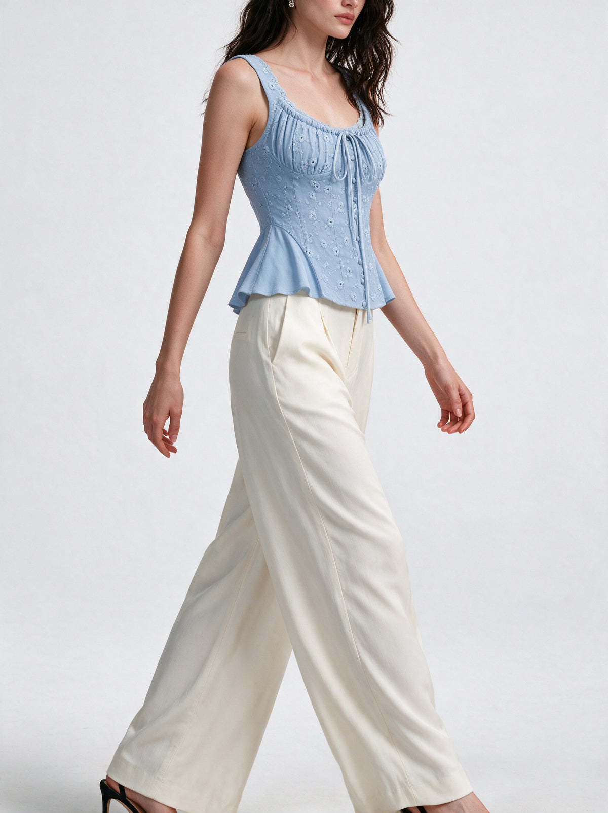 Valeria Ribbon Lace-Up Top - Powder Blue — model side detail