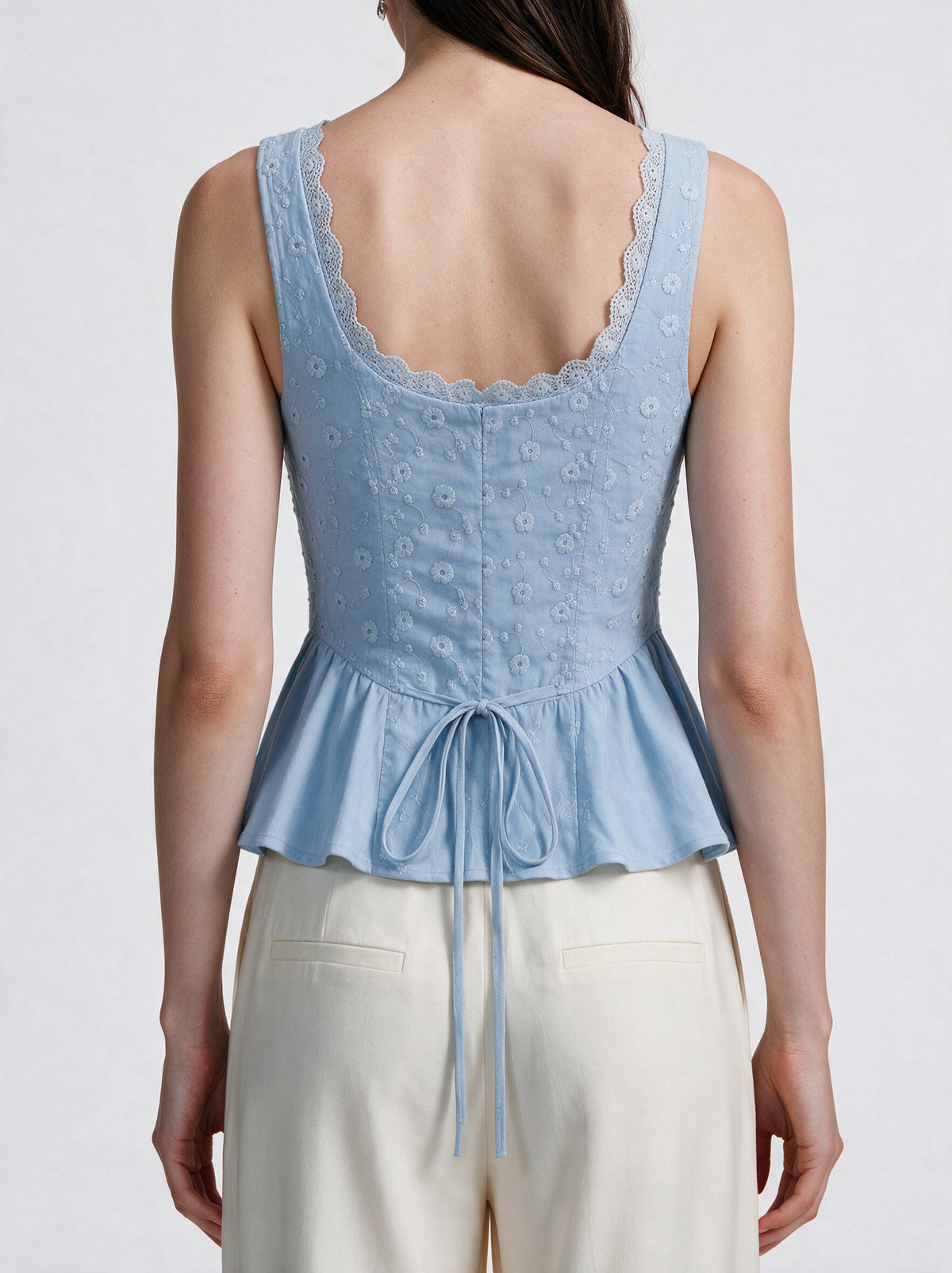 Valeria Ribbon Lace-Up Top - Powder Blue — model back view