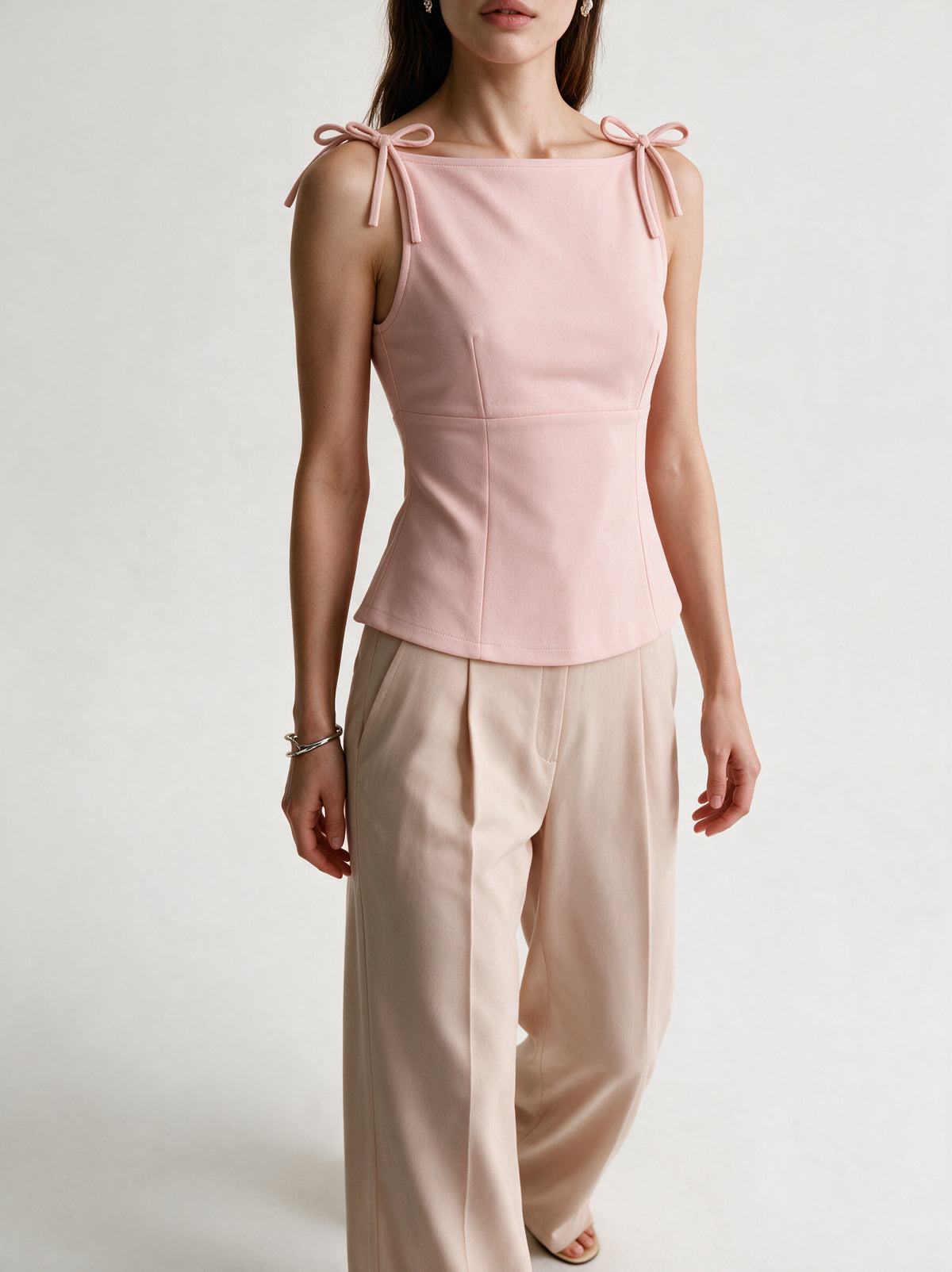 Valeria Ribbon Tie Cami - Blush — model side detail
