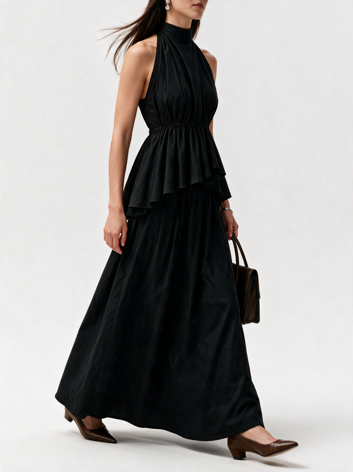 Valeria Ruched Halter Corset Top - Noir — model side detail