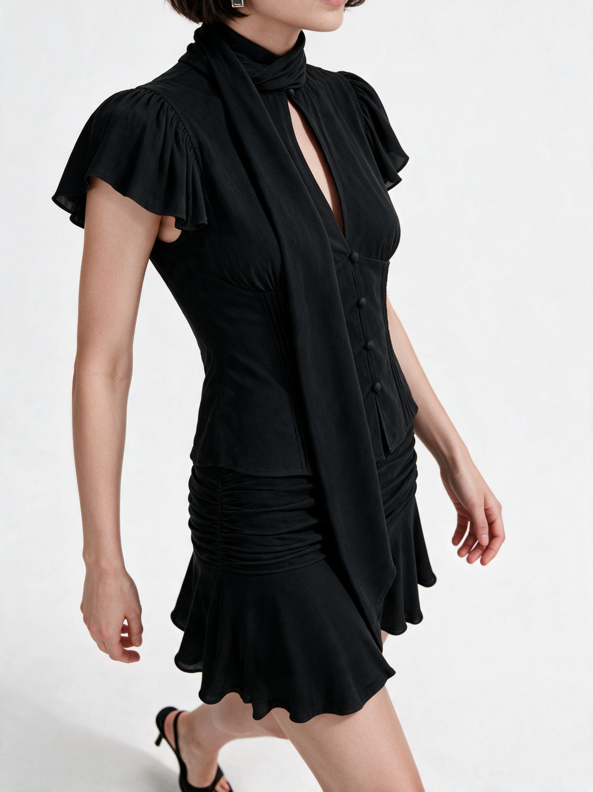 Valeria Scarf Neck Flare Co-Ord Set - Noir — model side detail
