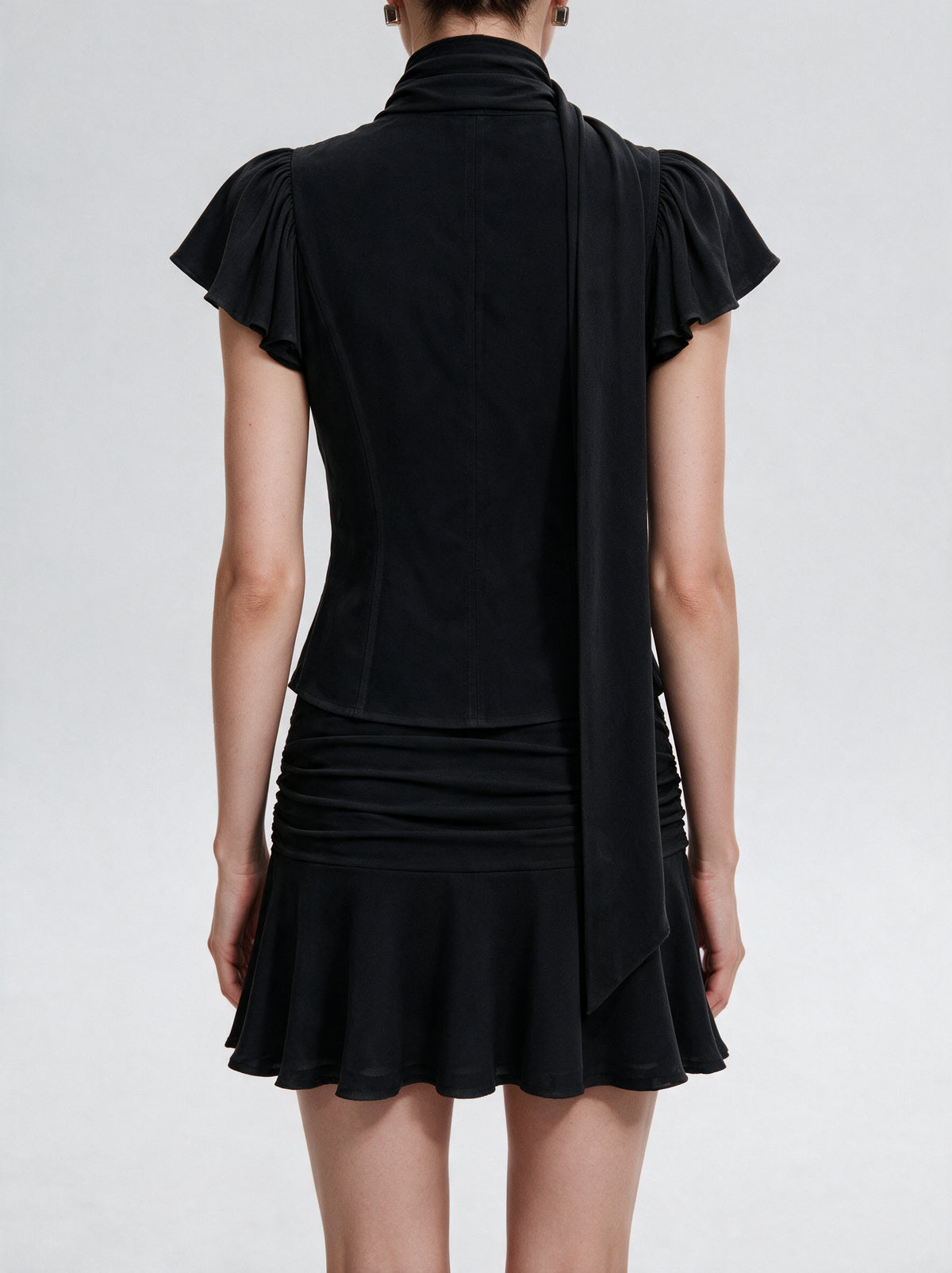 Valeria Scarf Neck Flare Co-Ord Set - Noir — model back view