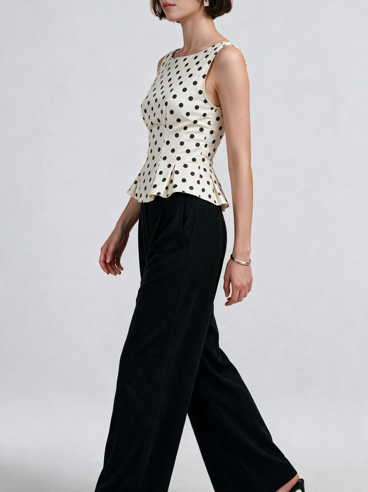 Valeria Sculpted Bustier Polka Dot Top — model side detail