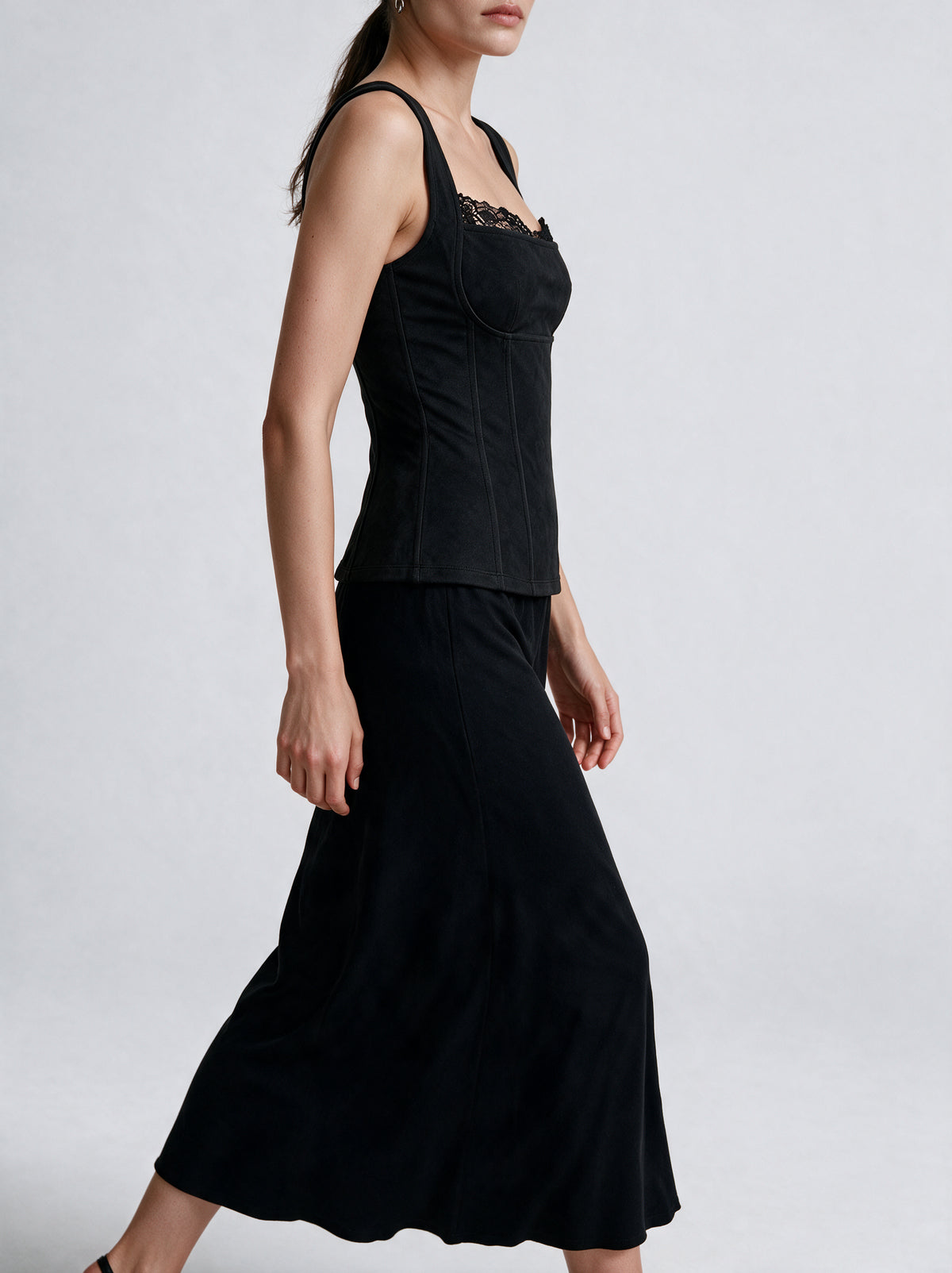 Valeria Sculpted Lace Corset Top - Midnight Black — model side detail
