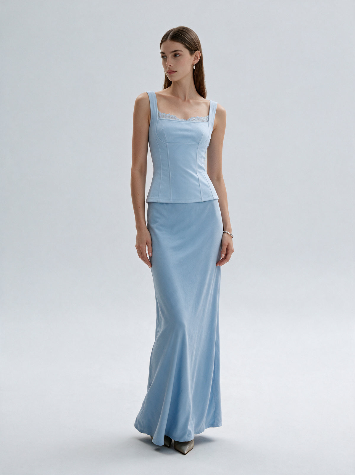 Valeria Sculpted Lace Corset Top - Powder Blue — model full body