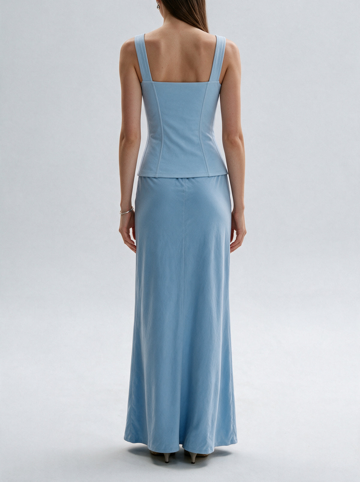 Valeria Sculpted Lace Corset Top - Powder Blue — model back view