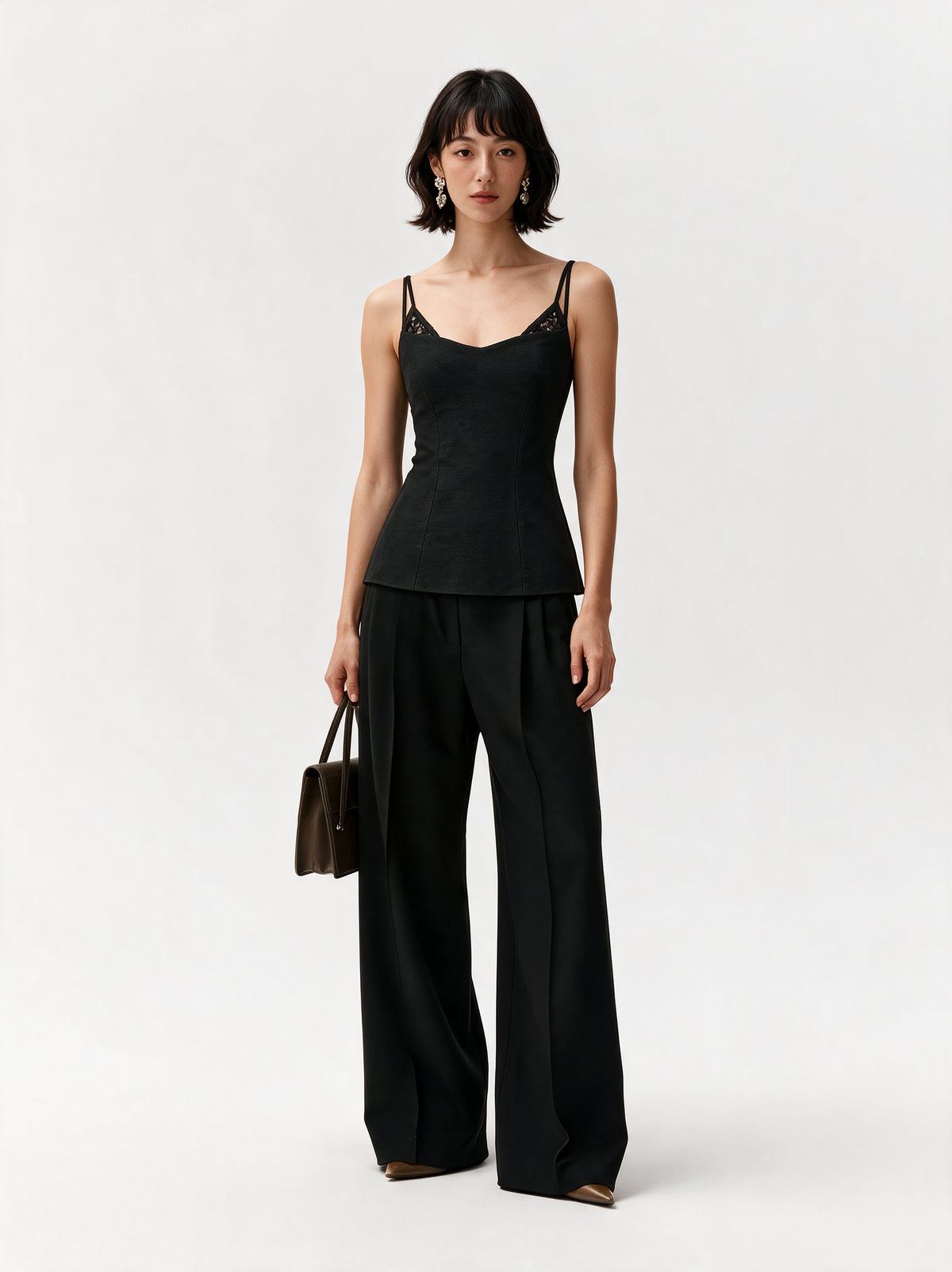 Valeria Sculpted Lace-Up Cami Top - Noir — model full body