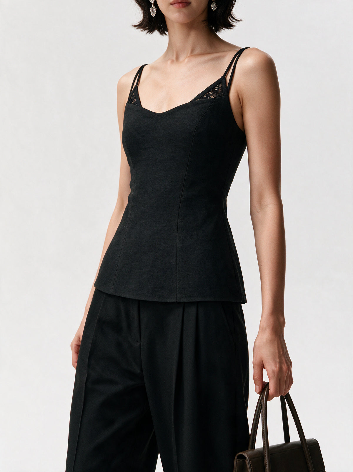 Valeria Sculpted Lace-Up Cami Top - Noir — model side detail