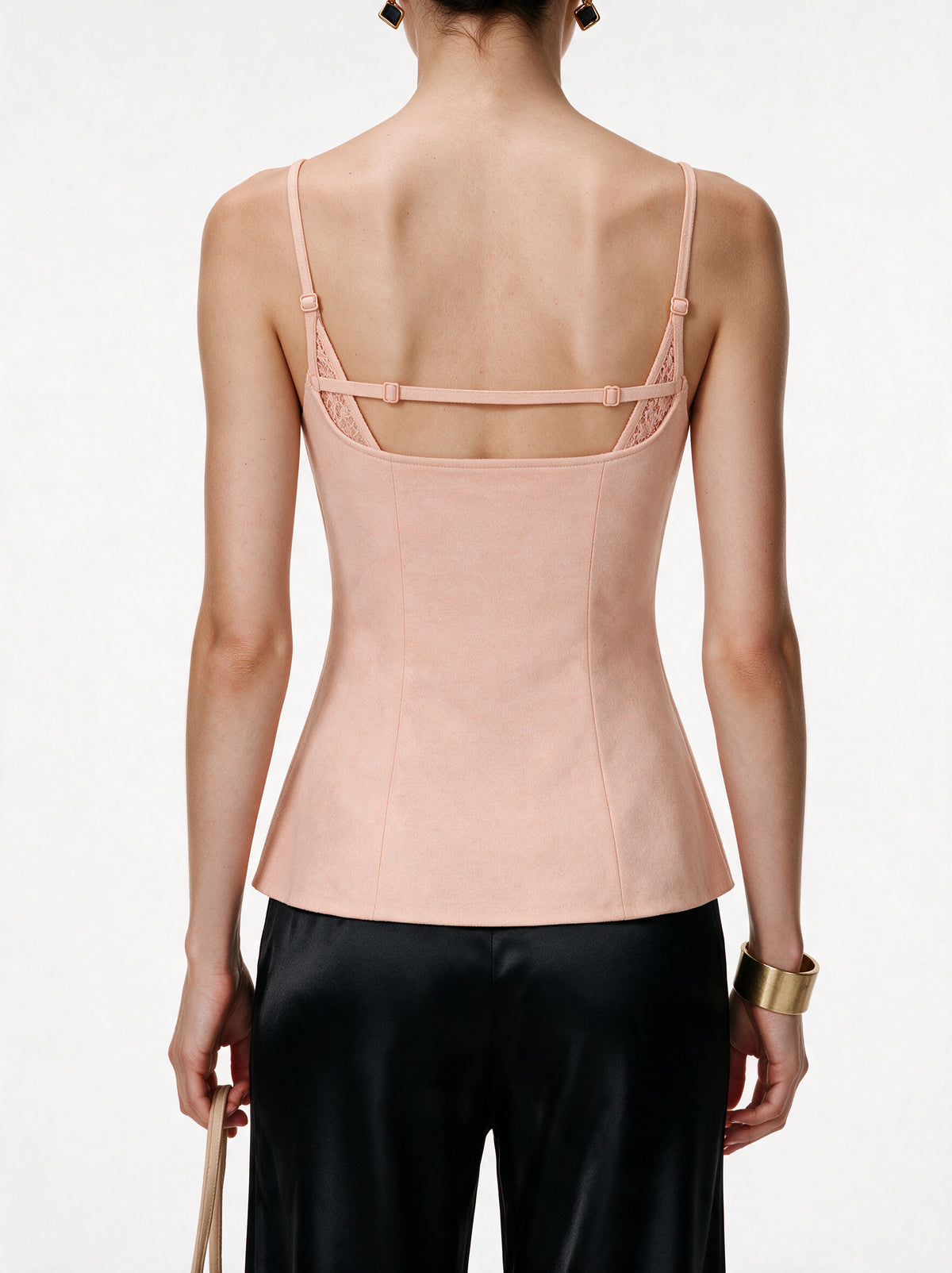 Valeria Sculpted Lace-Up Cami Top - Peach — model back view