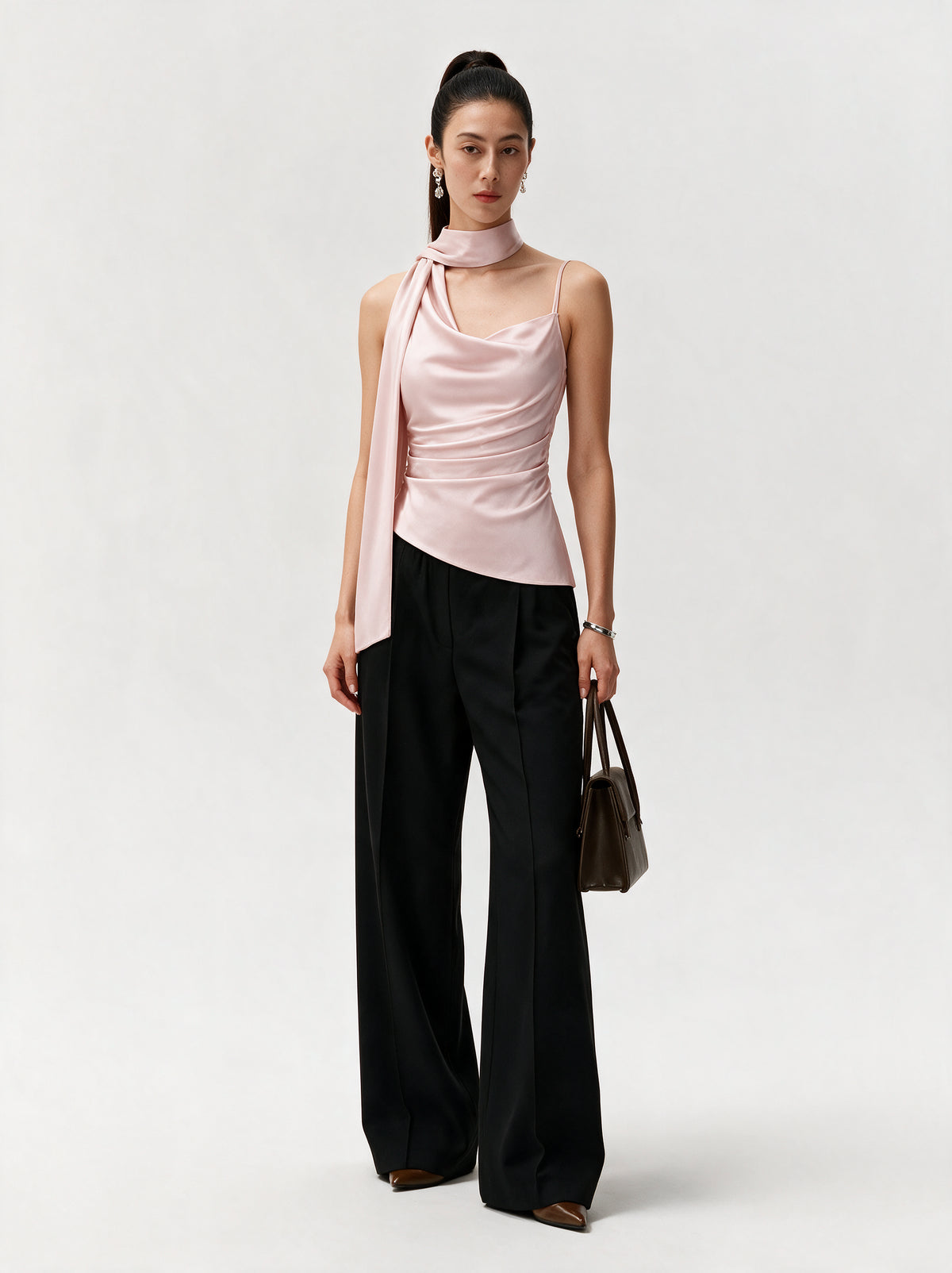 Valeria Sculpted Satin Scarf Top - Blush Pink — model full body