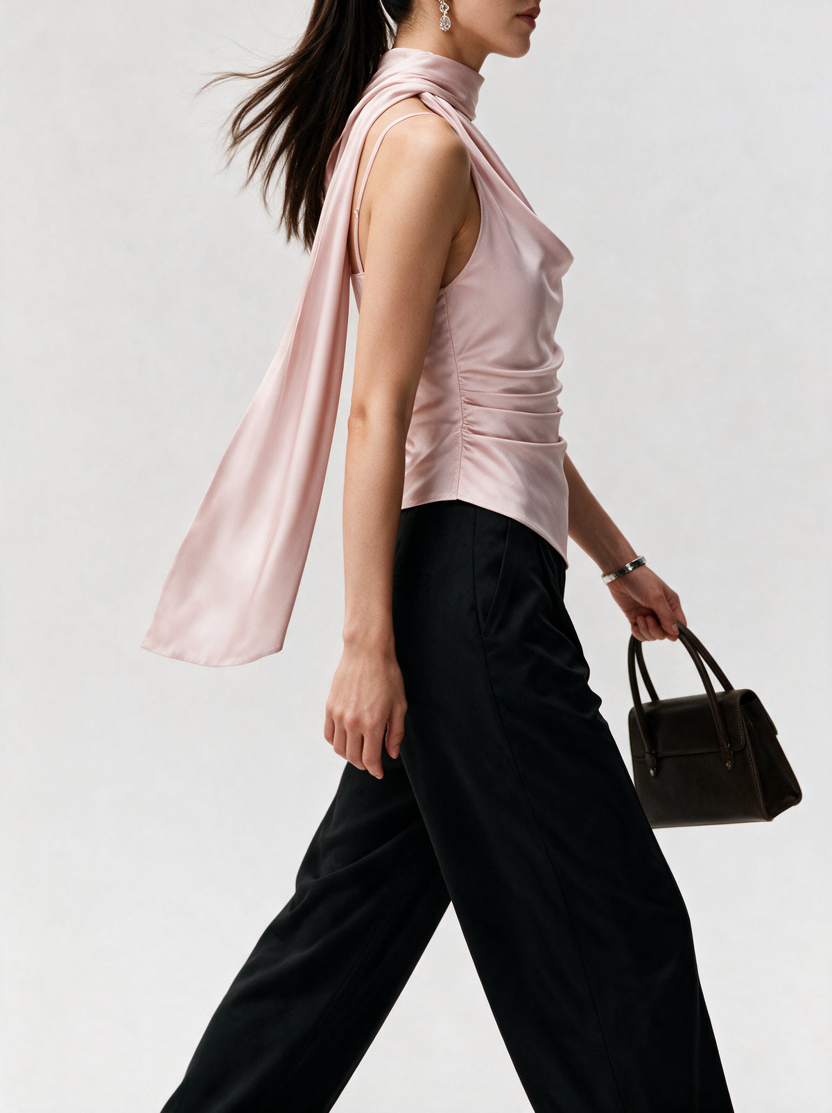 Valeria Sculpted Satin Scarf Top - Blush Pink — model side detail