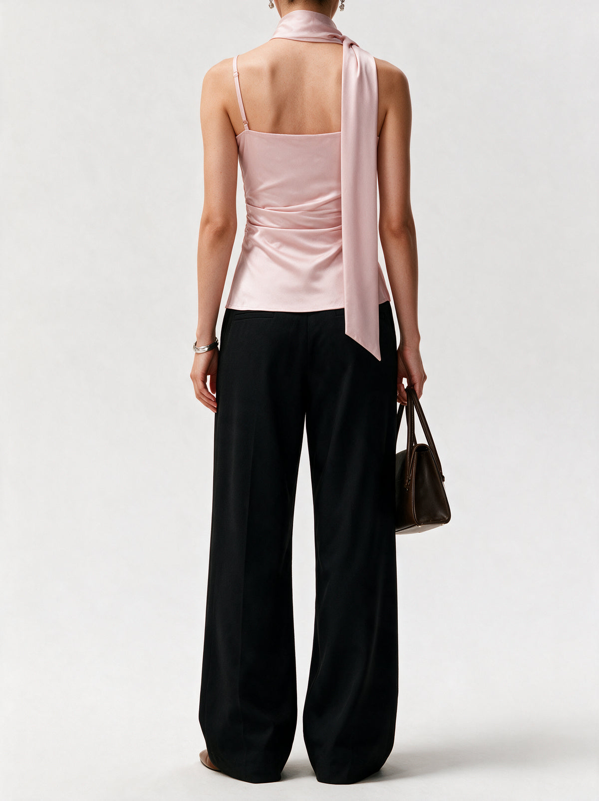 Valeria Sculpted Satin Scarf Top - Blush Pink — model back view