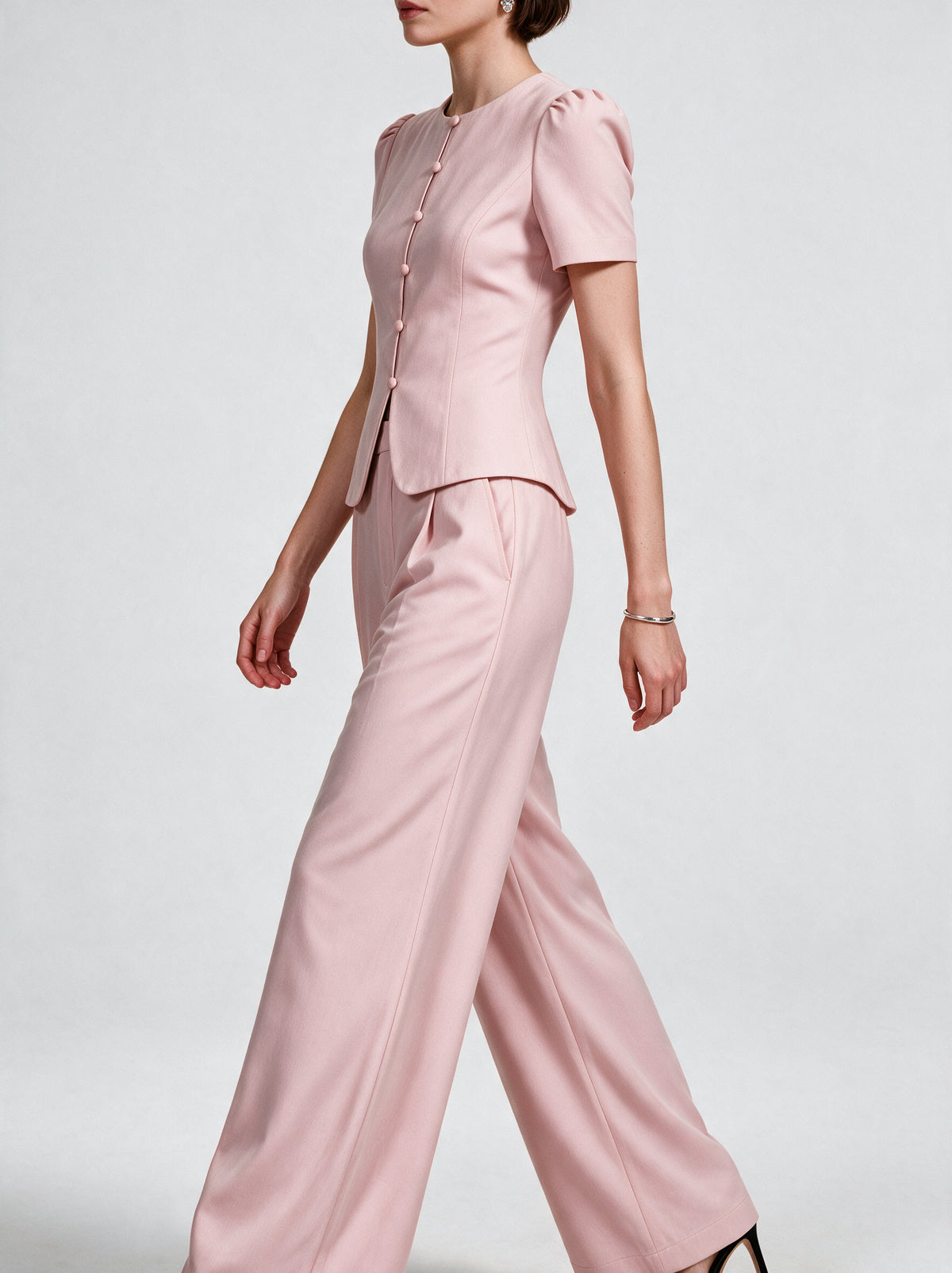 Valeria Sculpted Wide-Leg Co-Ord Set - Blush — model side detail