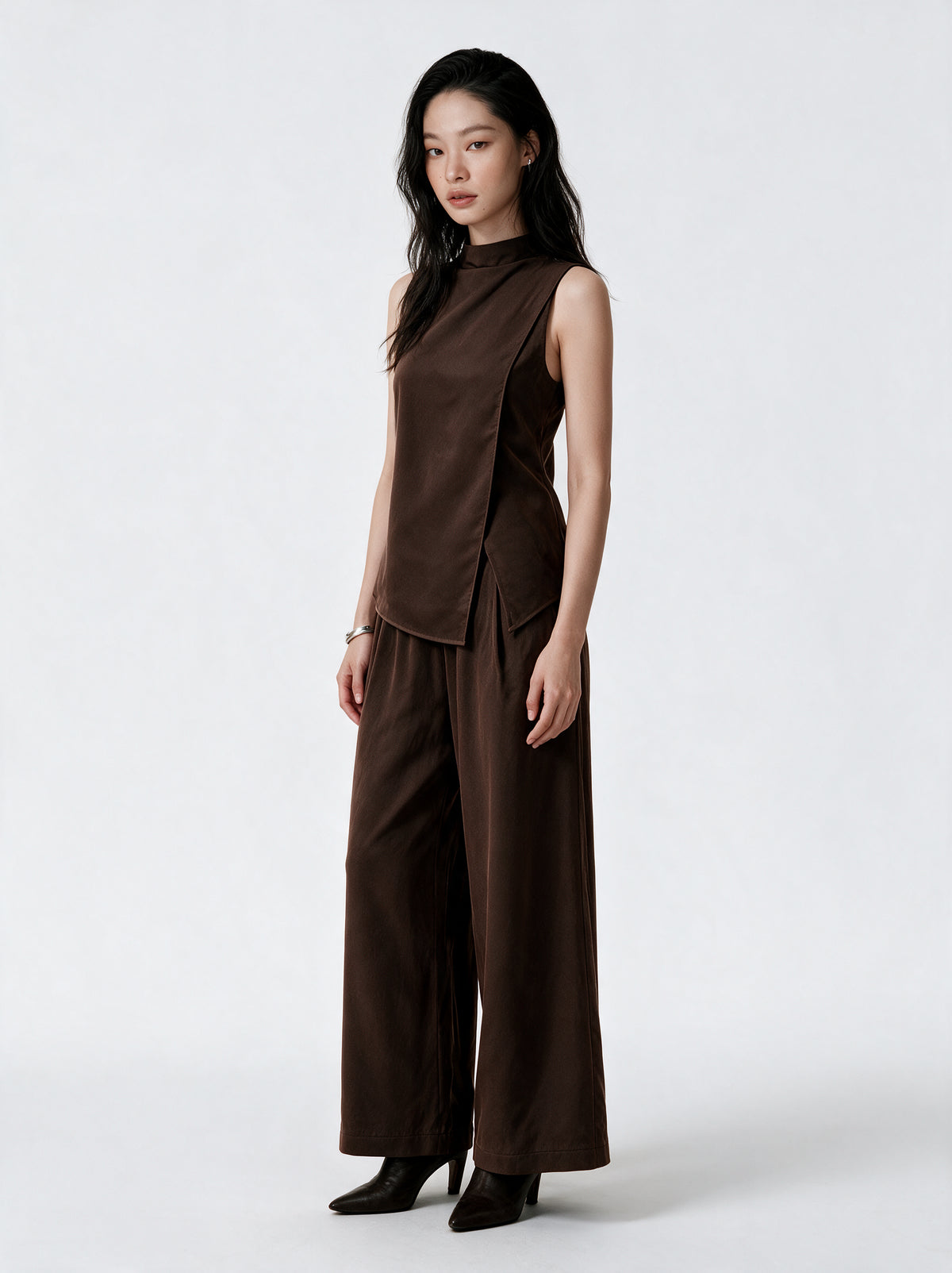 Valeria Sculpted Wrap Co-Ord Set - Brown — model full body