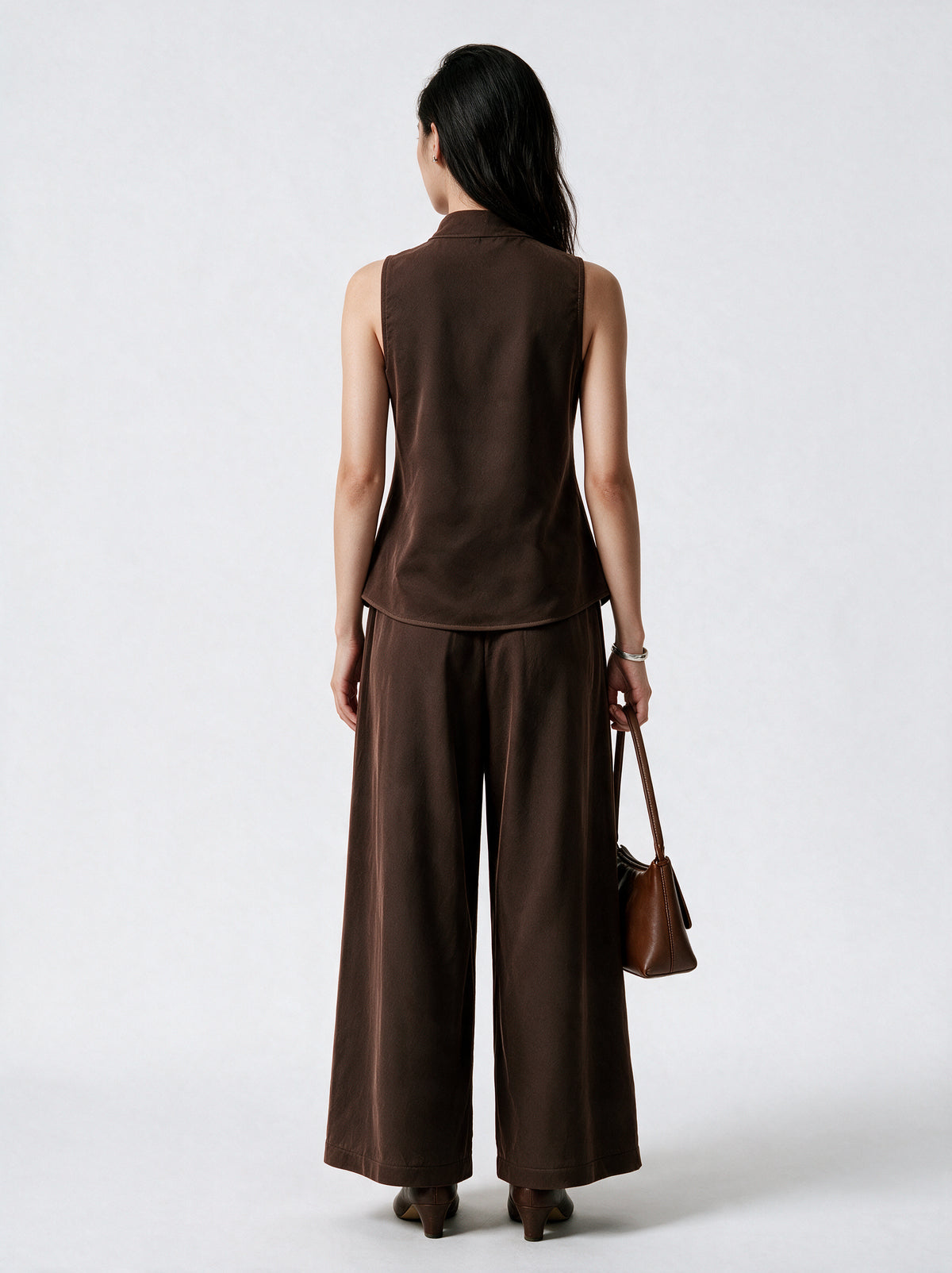 Valeria Sculpted Wrap Co-Ord Set - Brown — model back view