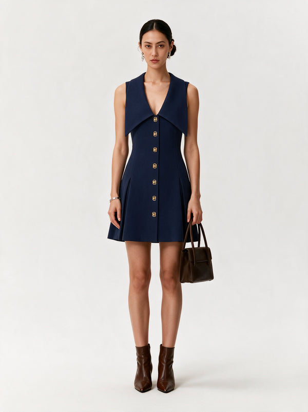 Valeria Statement Collar Mini Dress - Navy Blue — model full body