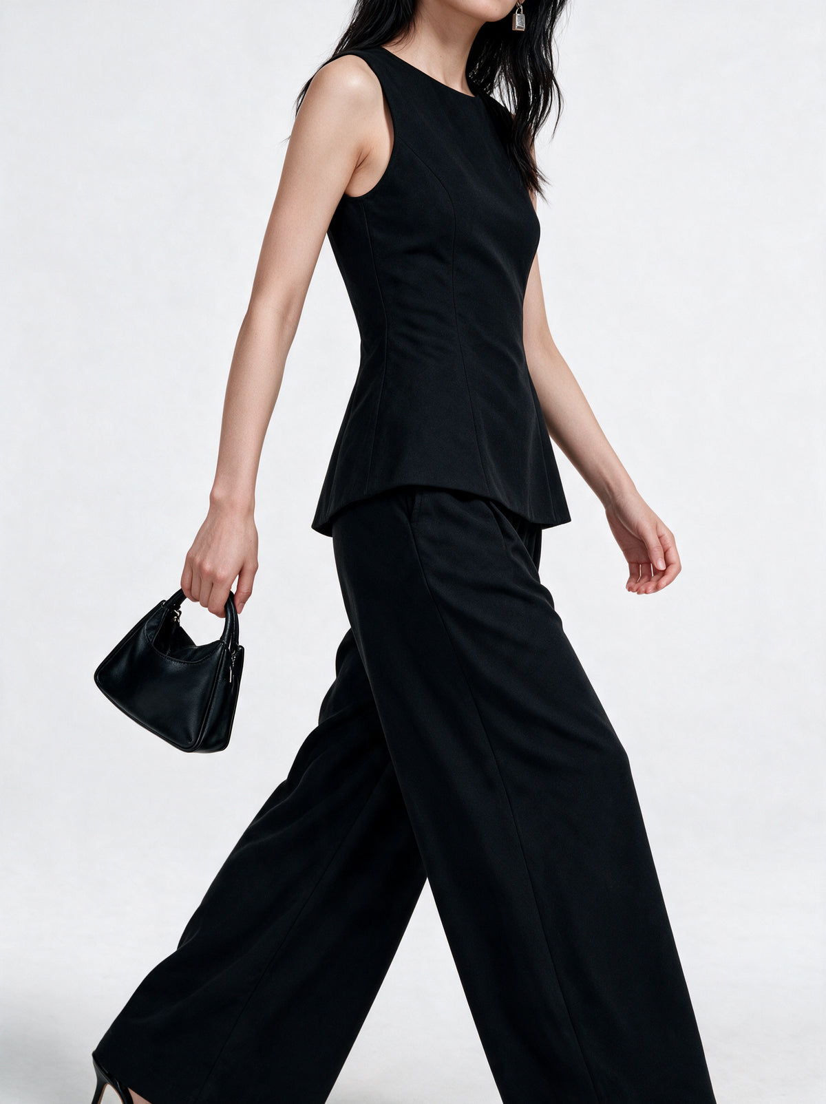 Valeria Structured Peplum Trouser Set - Black — model side detail