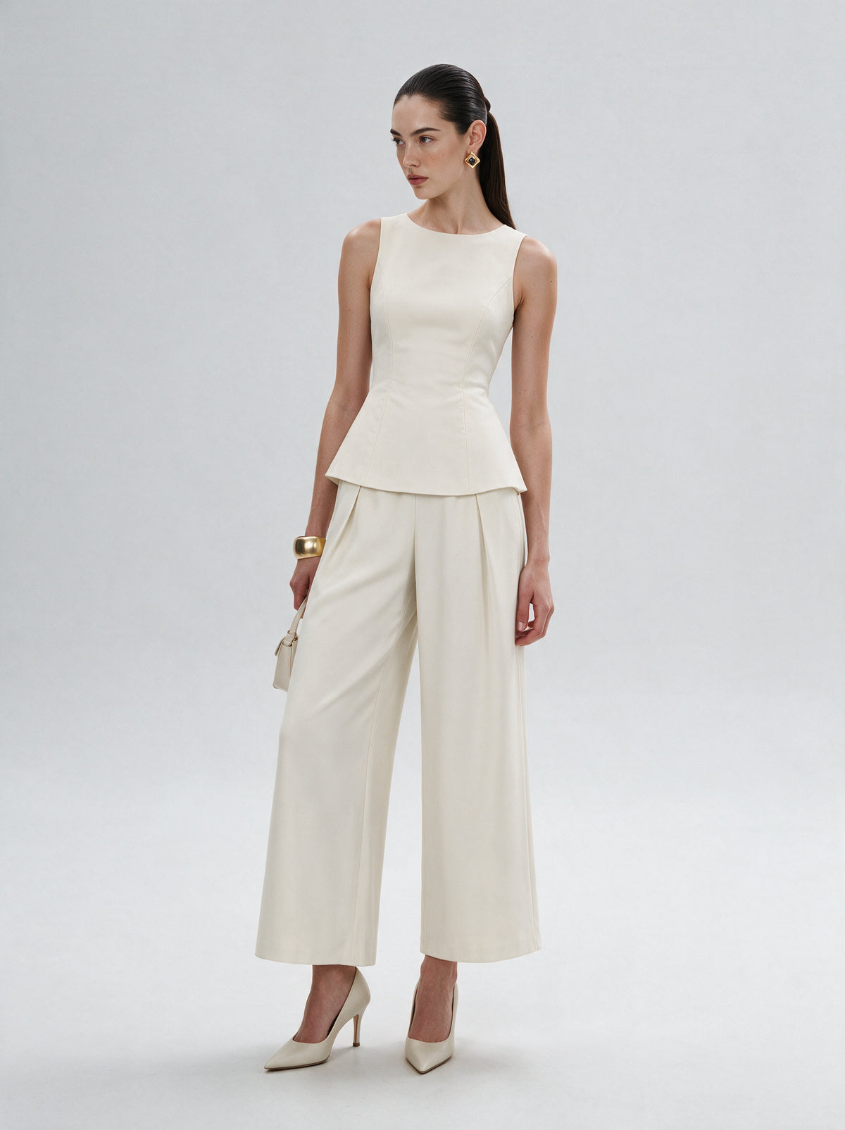 Valeria Structured Peplum Trouser Set - Off White — model full body