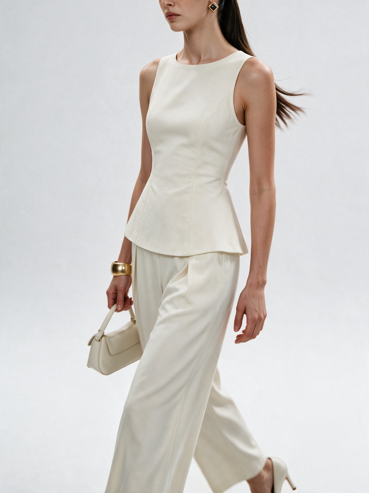 Valeria Structured Peplum Trouser Set - Off White — model side detail