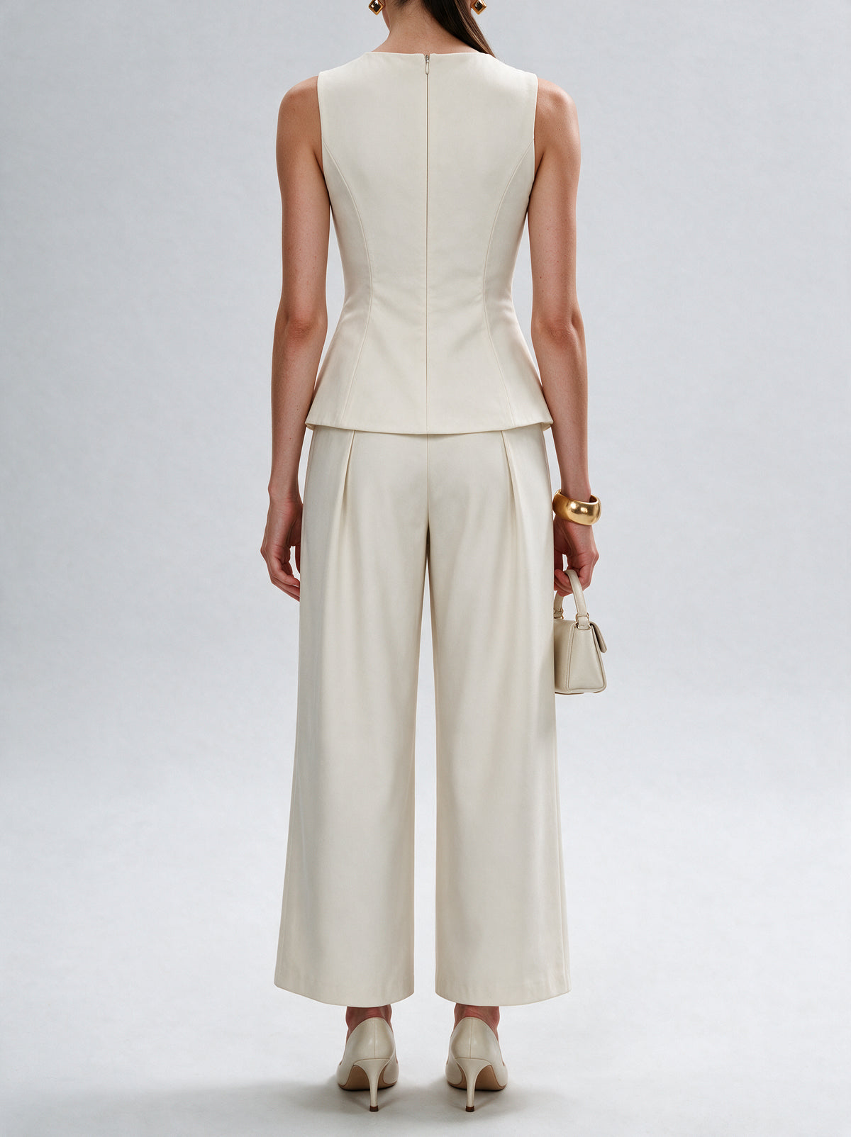 Valeria Structured Peplum Trouser Set - Off White — model back view