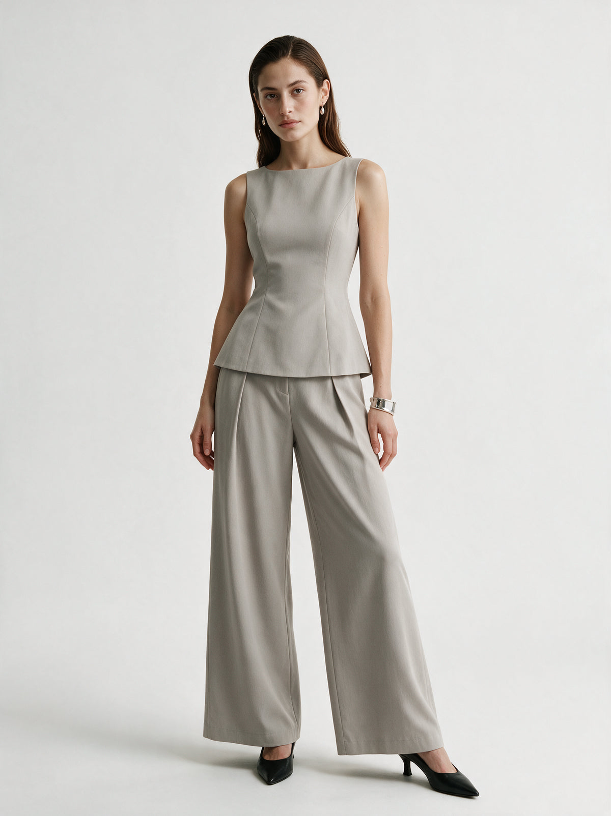 Valeria Structured Peplum Trouser Set - Stone — model full body