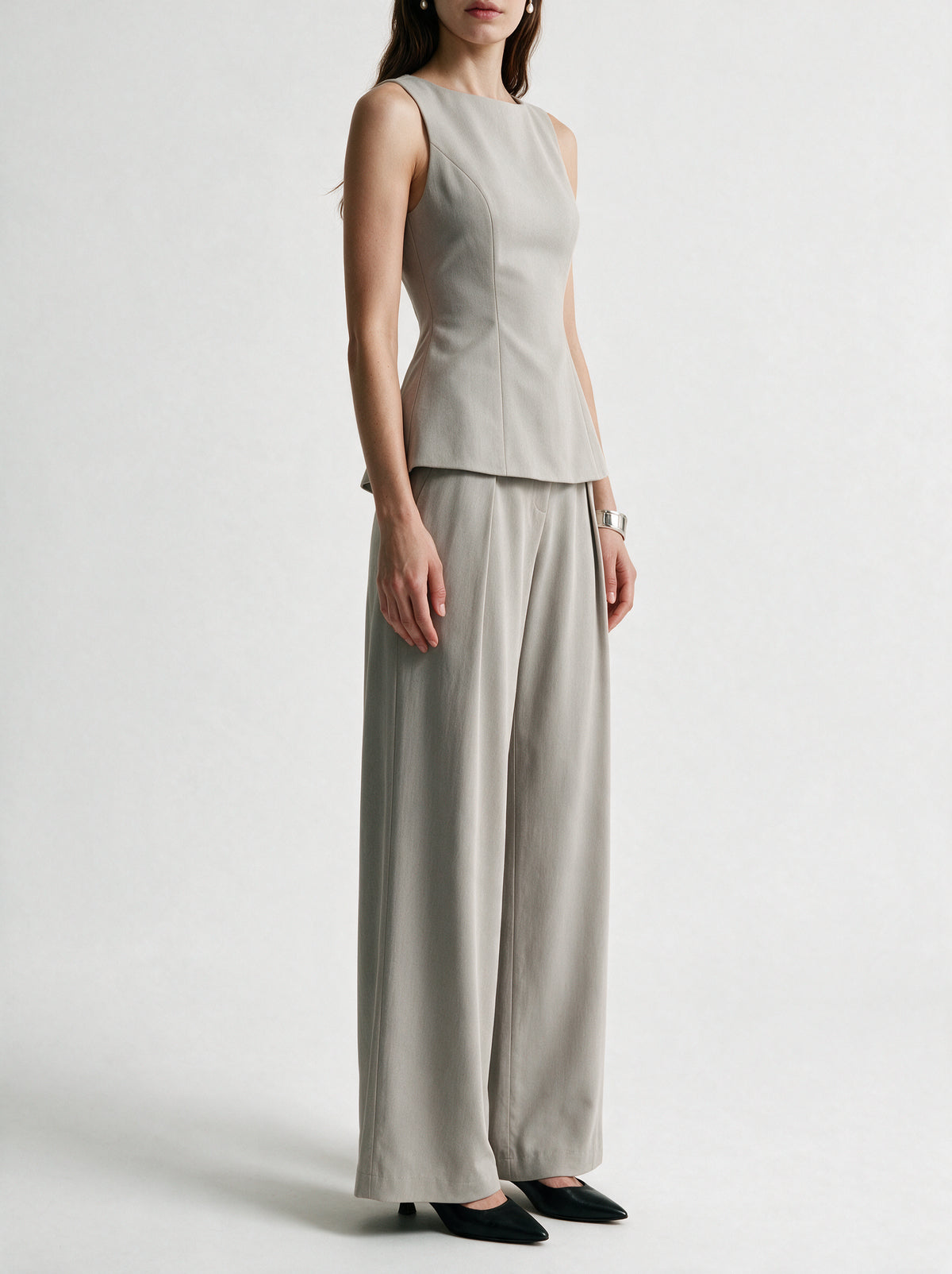 Valeria Structured Peplum Trouser Set - Stone — model side detail