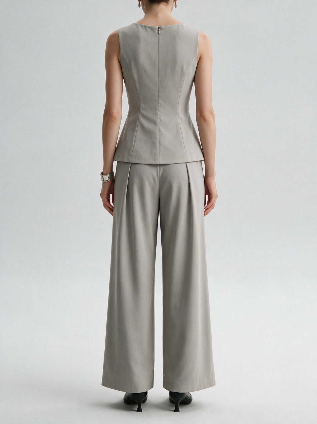 Valeria Structured Peplum Trouser Set - Stone — model back view