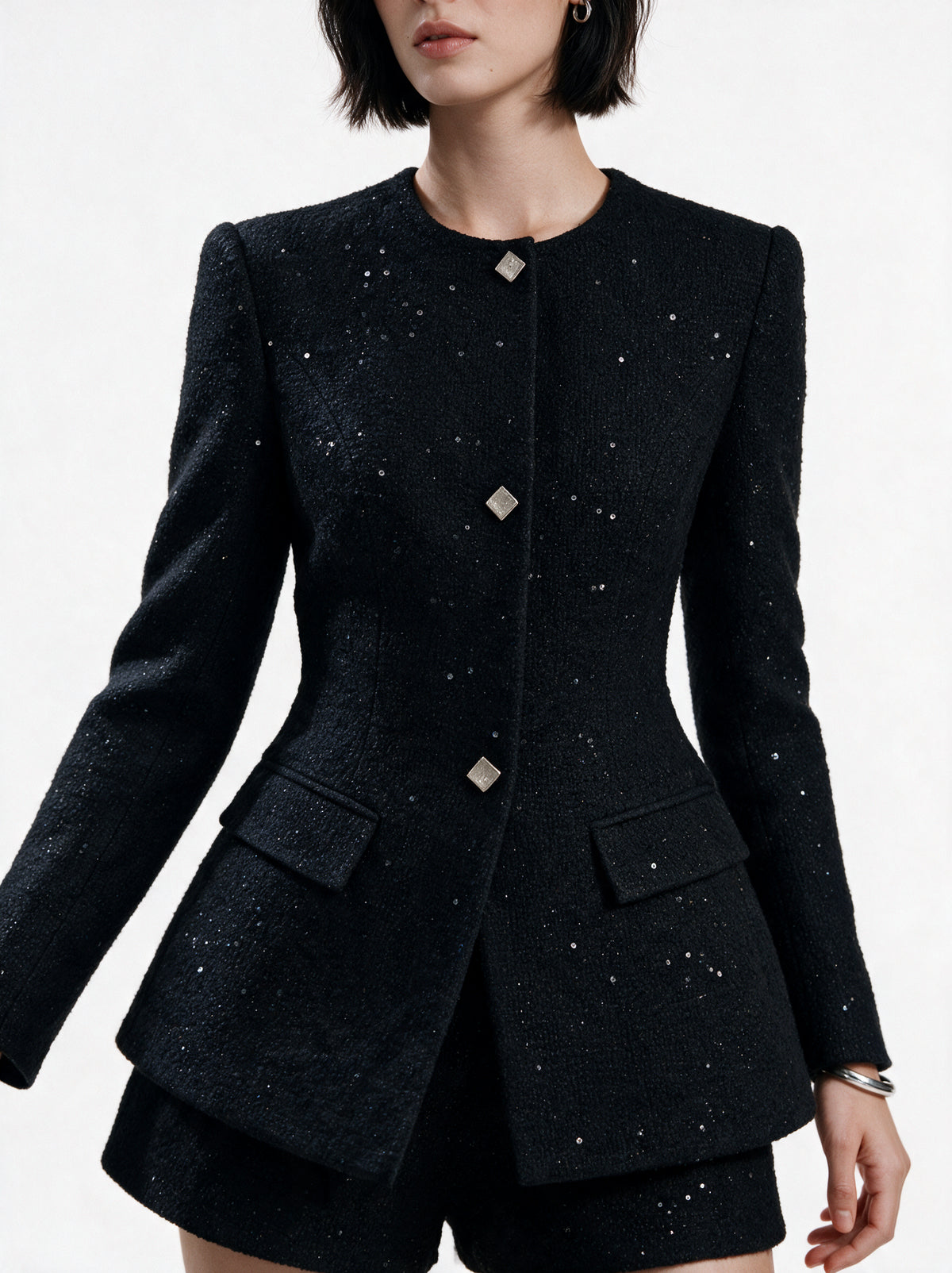 Valeria Textured Blazer Co-Ord Set - Black — model side detail